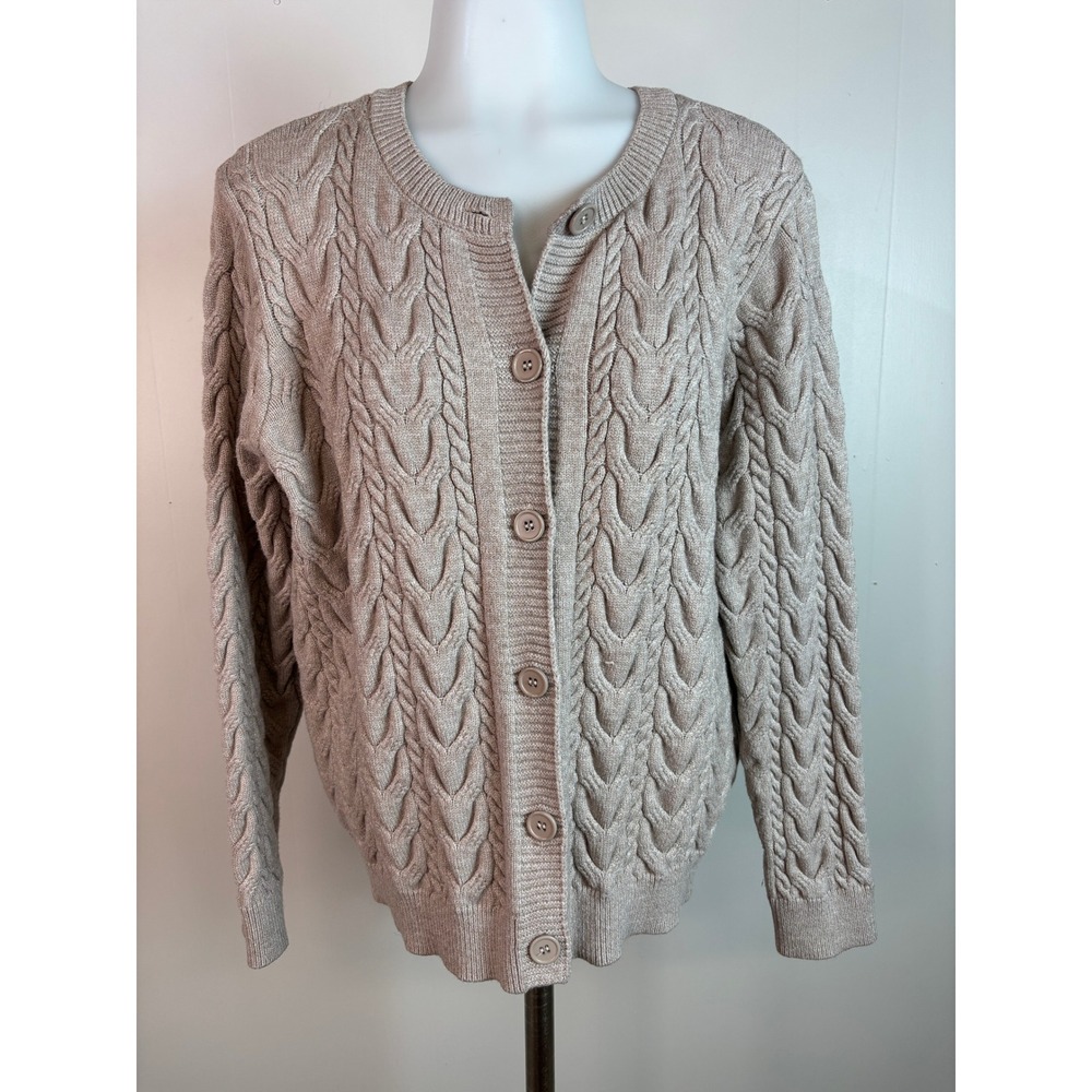 Cyrus Cardigan Large Beige Chunky Cable Knit Button Front Sweater Women